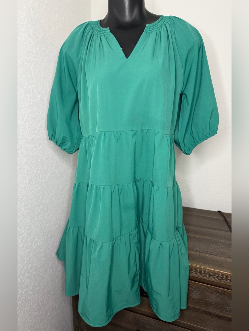 Women’s Michelle McDowell Green Tiered Puffed Short Sleeve Boho Peasant Dress M
